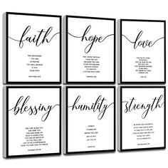 four black and white cards with the words faith, hope, love, family strength