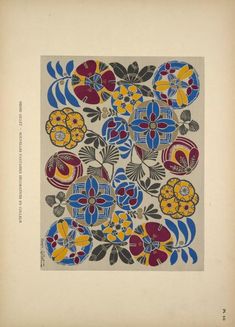 an old book with flowers and leaves on the cover, in blue, red, yellow and green colors