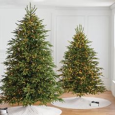 two christmas trees with lights on them in a room