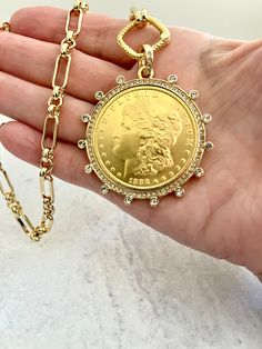 Vintage Gold Coin Necklace With Chain, Vintage Gold Brass Coin Necklace, Vintage Gold-tone Chain Necklace With Coin Pendant, Gold-tone Metal Coin Necklace, Vintage Gold-tone Coin Necklace, Gold Coin Jewelry, Peace Dollar, Beautiful Gold Necklaces, Gold Coin Necklace