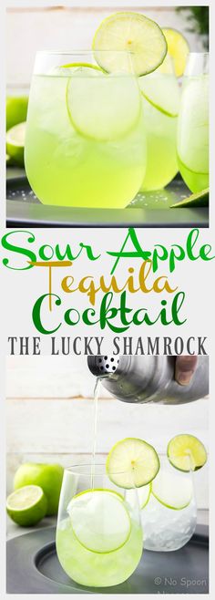 the recipe for sour apple iced cocktail is shown in three different pictures, including lemon slices and