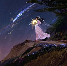 a woman standing on top of a hill under a sky filled with stars