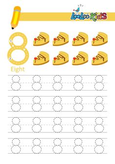 the worksheet for learning how to write and draw numbers, including eight slices of cake