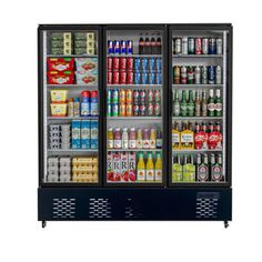 two refrigerators with drinks and beverages in each section, one is open to the other side