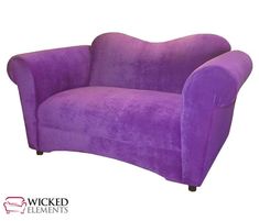 a purple chair with black legs on a white background and the words wicked elements written below it