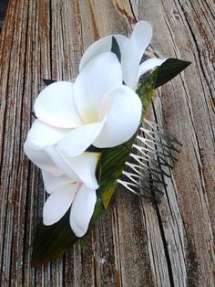 a hair comb with white flowers on it sitting on top of a piece of wood