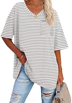 PRICES MAY VARY. Material:60% Cotton,30% Polyester,5% Spandex.Skin-Friendly Material.It's Stretchable, Soft and Lightweight, Provide You a Pleasing Wearing Experience. This Striped Oversized Tee is just what you need! Comfy and cozy with a little extra room.Whether you're lounging around or going for a slightly dressed-down look, this t shirts will do the trick! Our Striped Print V-neck T shirts suitable for Casual Daily/ Travel/ Home/ Vacation/ Shopping/ Street/ Party/ Outdoor/ Club to Wear.You Shirt With Leggings, Womens Oversized Tee, Home Vacation, Cotton Tunic Tops, Cotton Tunic, Casual Stripes, Oversized Tee, Striped Tee, Half Sleeve