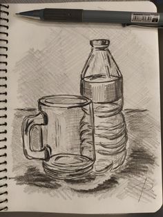 a pencil drawing of a coffee mug and water bottle