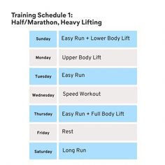 an image of a workout schedule for the day and half - marathon, heavy lifting