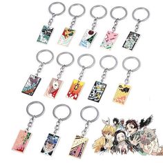 a bunch of key chains with anime characters on them