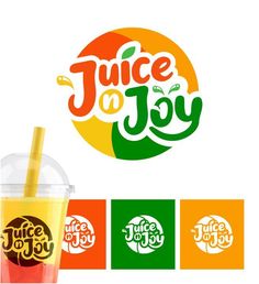 juice on joy logo and drink cup with straw in front of it, surrounded by four different colors