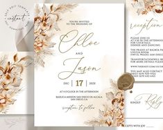 wedding stationery with watercolor flowers and gold foil on the front, back and side