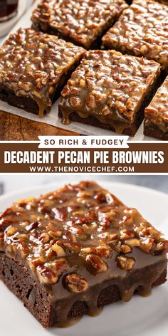 chocolate pecan pie brownies on a white plate