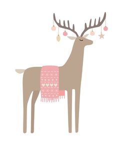 a reindeer wearing a scarf with hearts on it's antlers and ornaments hanging from its horns