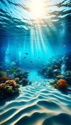 an underwater scene with fish and corals in the water, sunlight shining down on them