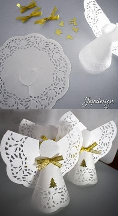 paper doily with gold bows on top and white doily in the middle that has been cut out to look like angel wings