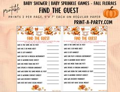 a baby shower game with pumpkins and flowers on the front, find the guest