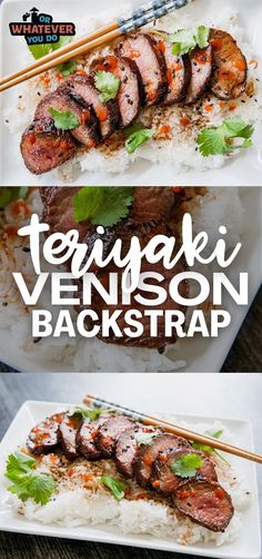 teriyaki venison backstrap on a plate with chopsticks