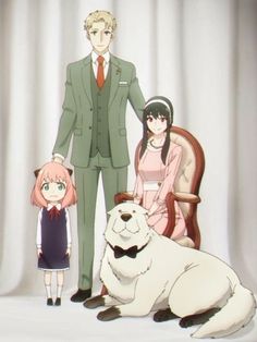 a man in a suit standing next to two women and a dog on a chair