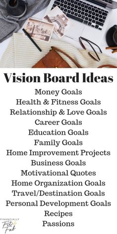 a poster with the words vision board ideas written in black and white, on top of a desk