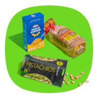 three different types of food on a green background with the words pistachios