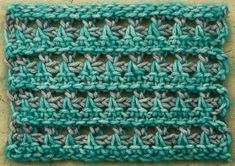 a crocheted square with green and gray yarn on the bottom, in front of a beige background