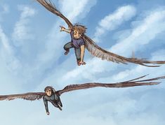 two people are flying through the air with their wings spread out and one is holding onto another person's arm