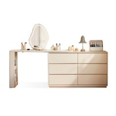 an image of a dressing table with mirror and cosmetics on it's top shelf