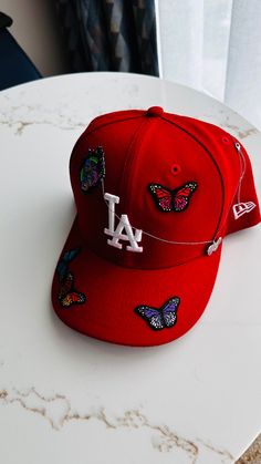 Kendrick Lamar "To Pimp A Butterfly" Themed Custom Fitted Customizable Cap For Streetwear, Customizable Fitted Cap, Creative Hats, Red Fitted Cap For Streetwear, Custom New Era Hats, Red Fitted Hat For Fan Merchandise, Red Fan Merchandise Fitted Cap, To Pimp A Butterfly, Swag Hats