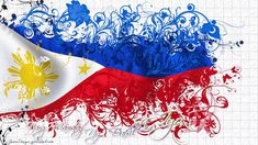 the philippines flag is painted on top of an old sheet of paper with ink splatters