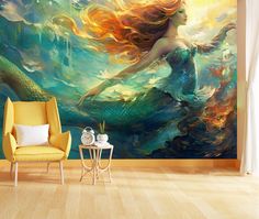 a painting of a mermaid sitting on top of a wooden floor next to a yellow chair