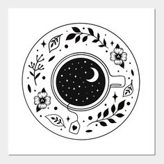 a black and white drawing of a cup of coffee with the moon in it's center