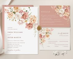 wedding stationery with pink and peach flowers