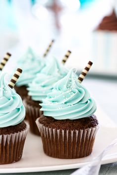 two cupcakes with blue frosting and brown icing are on a plate