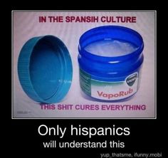 a blue plastic container sitting next to a sign that says, only hispanics will understand this