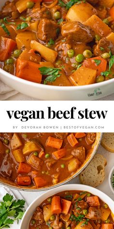 two bowls of vegan beef stew with bread on the side