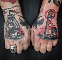 two hands with tattoos on them, one has a lighthouse and the other has a ship