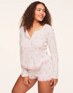 This flirty and fun long sleeve henley and shorts set will keep you comfortable all night long. The set features a soft jacquard rib and functional snaps for a relaxed and easy fit. The set also includes matching shorts with lace trim. (Available in plus-size XL-4X). Long Sleeve Pajamas, Chic Bra, Plus Size Pajamas, Adore Me, Lace Long Sleeve, Loungewear Women, Gray Tank, Sleepwear & Loungewear, Pajamas Set