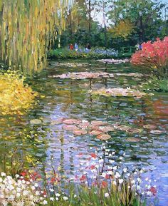 a painting of water lilies and willow trees in the background with people walking by