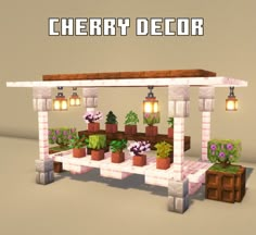 an image of a small house with plants on the outside and lights above it that says cherry decor