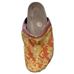 1990S VOYAGE Orange & Yellow Silk Lace Slip On Shoes Yellow Silk, Silk Lace, Lace Slip, Orange And Yellow, Marchesa, Orange Yellow, On Shoes, Slip On Shoes, Fashion Accessories