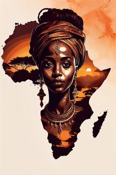 an african woman wearing a turban and jewelry with the map of africa in the background