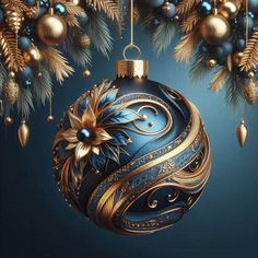 a blue and gold christmas ornament hanging from a tree branch with pine cones