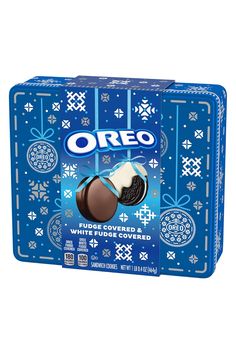 oreo chocolate covered wafers are in a blue box with snowflakes