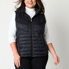 Layer up in style with this versatile Liz Claiborne women's plus puffer vest featuring a stylish quilted design. It's made from a lightweight woven fabric and has a hood, a full-zip front, and front zip pockets. Wear it over a long-sleeve shirt with jeans and boots. Features: PackableClosure Type: ZipperPockets: 2 Front Zip PocketsWarmth Factor: LightweightApparel Length: 26 InchesOuterwear Length: MidFiber Content: 100% NylonFabric Description: WovenFilling Content: 100% PolyesterLining: LinedL Shirt With Jeans, Puffer Vests, Womens Puffer Vest, Puffer Vest, Liz Claiborne, Jeans And Boots, Cold Weather, Woven Fabric, Sleeve Shirt