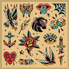 old school tattoo Mini Traditional Tattoo Flash, American Traditional Background, Cute Traditional Tattoo Flash, Simple Traditional Tattoo Flash, Dainty Traditional Tattoos, Old Tattoos Vintage, Trad Gap Filler Tattoos, Mini Traditional Tattoo, Small Traditional Flash