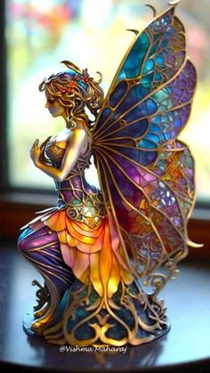 a colorful fairy figurine sitting on top of a table next to a window