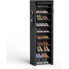 the shoe rack is black and has many pairs of shoes on it's shelves