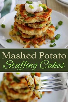 mashed potato stuffing cakes on a plate with a fork