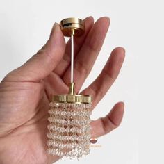 a hand is holding a miniature chandelier in it's right hand,